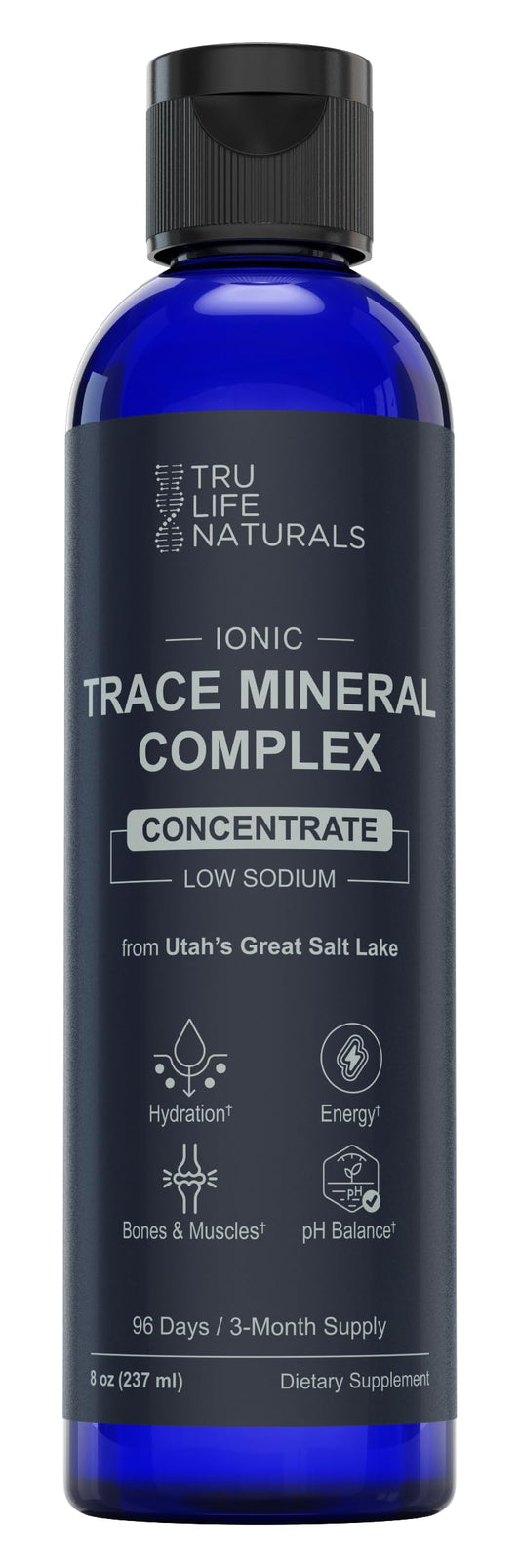 TRULIFE NATURALS Trace Mineral Complex bottle front shows 72+ minerals for hydration