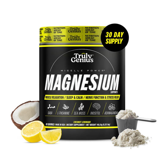 Truly Genius magnesium bottle shows coconut lemonade flavor for nightly recovery potential.