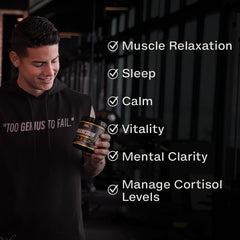 Truly Genius magnesium powder ingredients page shows GABA, ashwagandha, valerian in a wholesome blend.