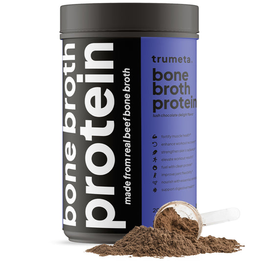 TRUMETA beef bone broth powder tin highlights a protein-rich daily nutrition option