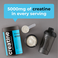TRUMETA creatine monohydrate powder jar close-up revealing ingredient transparency