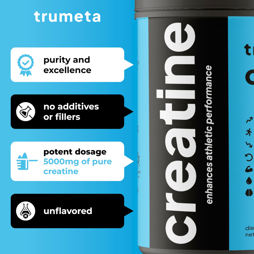 TRUMETA creatine monohydrate powder mixed in water with smooth dissolve