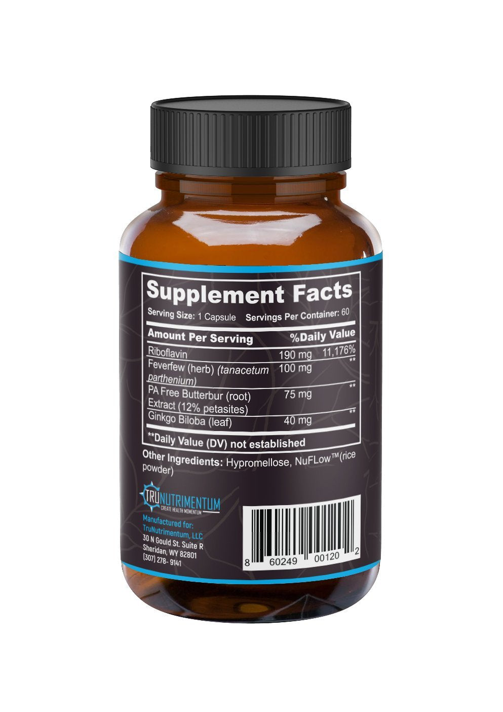 TruMigraine capsules close-up highlighting brain energy and herbal support benefits