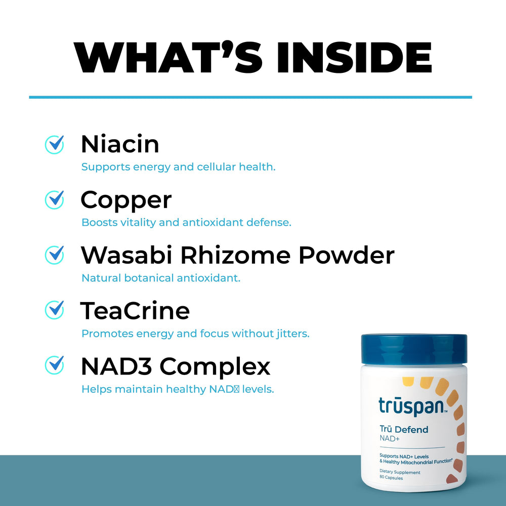 TRŪSPAN Tru Defend NAD+ capsule label shows 40 servings and clean ingredients