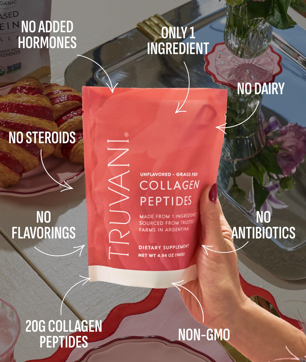 Truvani hydrolyzed collagen peptides powder being poured—convenient addition to coffee or smoothies.