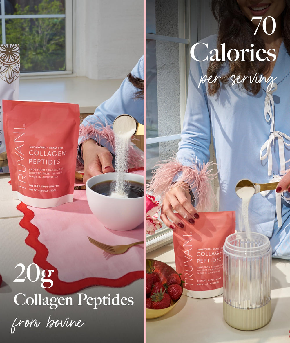 Truvani hydrolyzed collagen peptides smoothie glass—creamy texture enhances health-forward drinks.