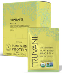 Truvani Lemon Cookie vegan pea protein packaging highlights organic ingredients for clean nutrition