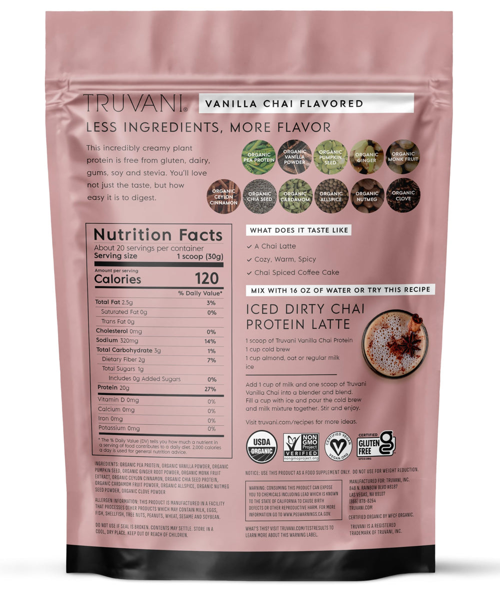 Truvani nutrition panel highlights 20g protein per serving