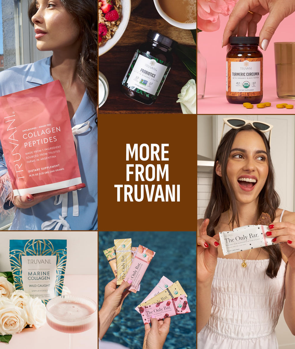 Truvani premium ingredients collage communicates clean, additive-free nutrition.