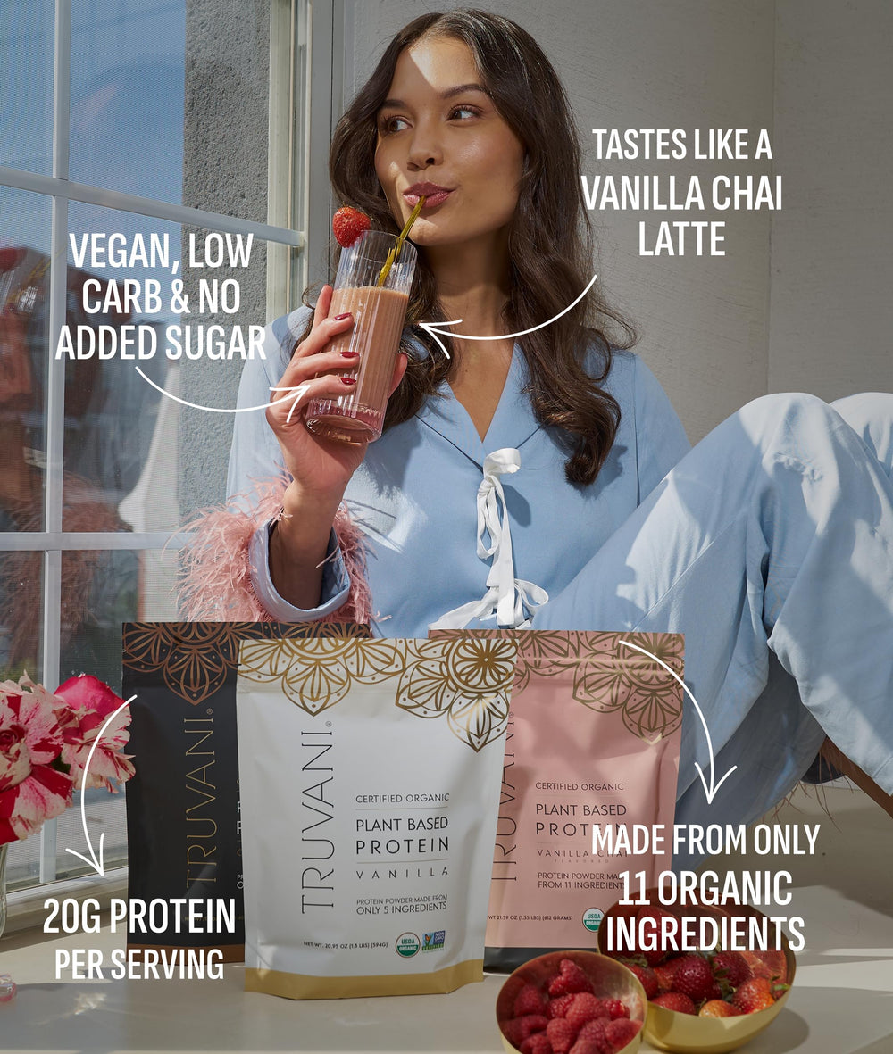 Front label shows organic pea protein and clean ingredients on Truvani Vanilla Chai.