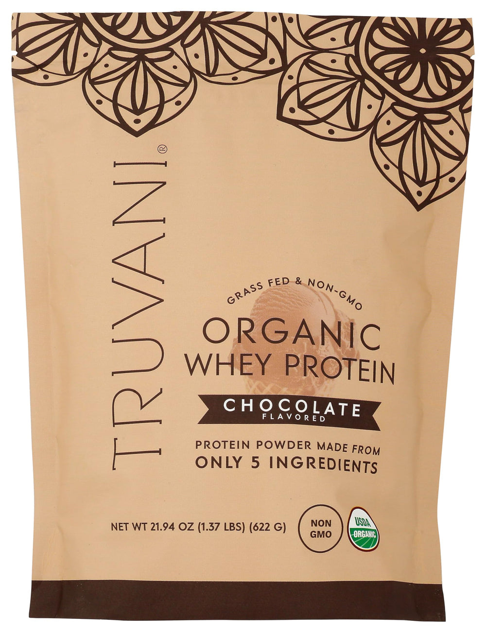 Truvani Organic Whey Protein gluten-free powder on kitchen counter.