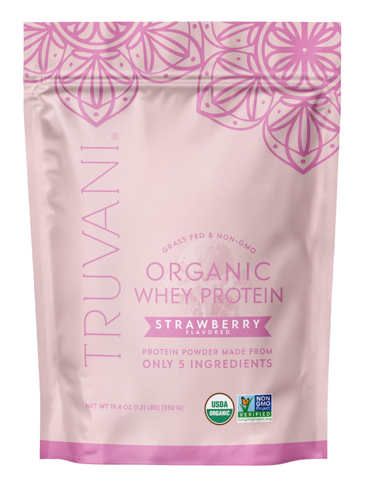 Truvani Organic Whey Protein Powder Strawberry Tub with clean label.