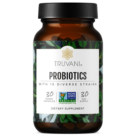 Truvani Probiotic Supplement bottle promotes digestive balance with daily capsules.