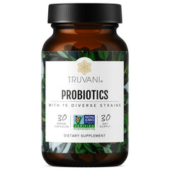 Truvani Probiotic Supplement bottle promotes digestive balance with daily capsules.
