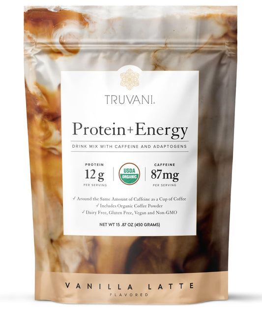 Truvani Protein and Energy Vanilla Latte bottle pour for on-the-go energy