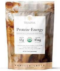 Truvani Protein and Energy Vanilla Latte bottle pour for on-the-go energy