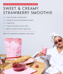 Truvani protein powder whisked into smoothie for a creamy boost.