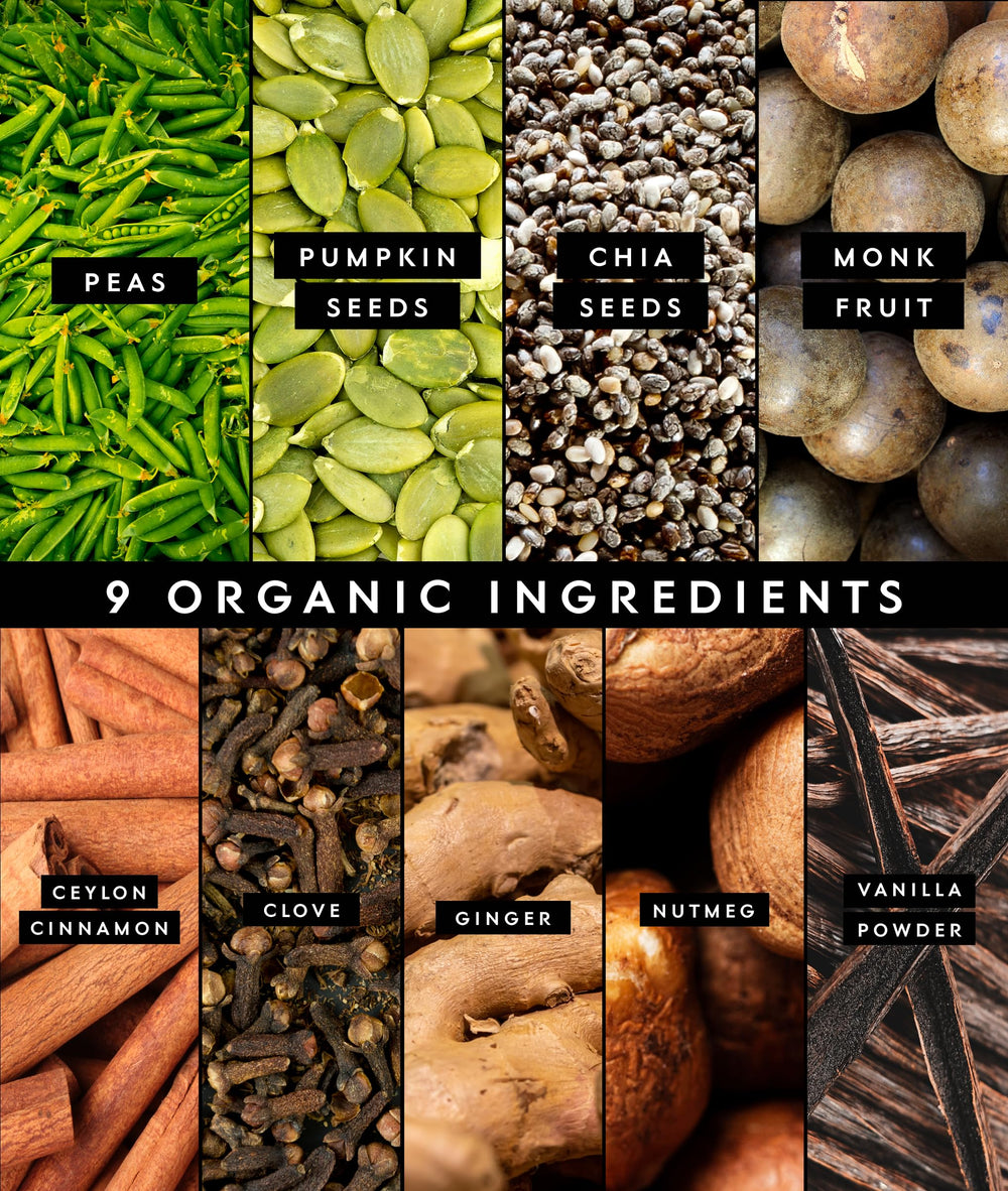 Truvani pumpkin spice powder bag label emphasizes organic ingredients and transparency.