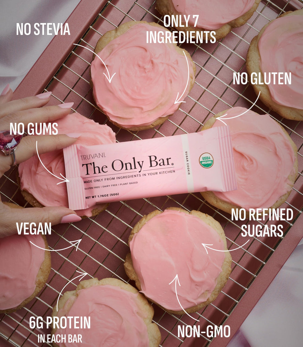 Truvani Sugar Cookie Bar ingredients include almonds dates and organic chocolate for natural energy.