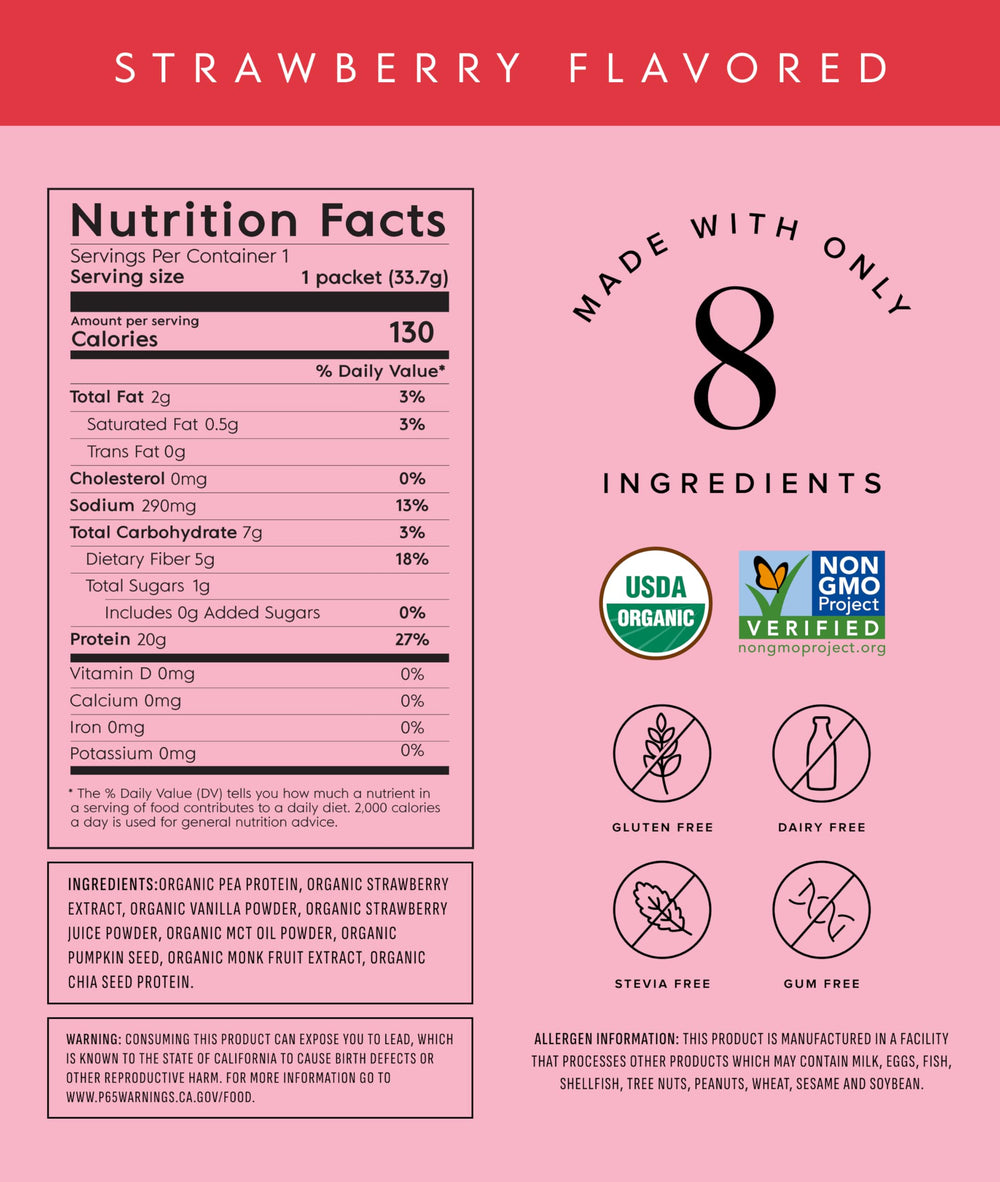 Truvani travel-pack strawberry protein serving for on-the-go fueling.