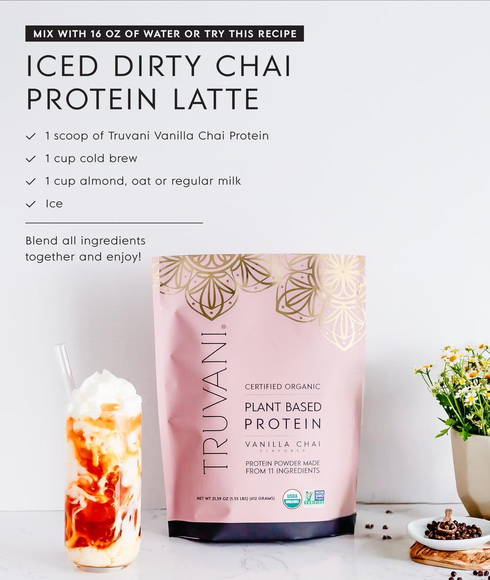 USDA Organic and vegan logos on Truvani Vanilla Chai protein product.