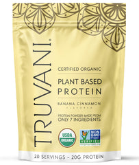 Truvani vegan pea protein banana cinnamon bottle shows organic ingredients for busy days