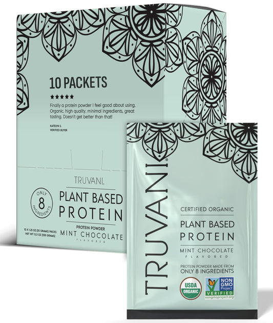 Truvani Mint Chocolate vegan pea protein packet for on-the-go protein boost