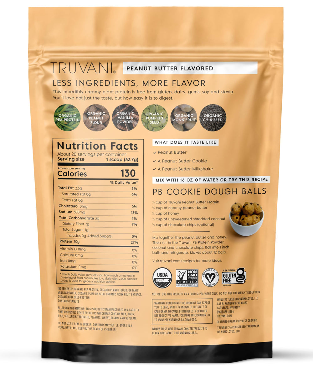 Truvani vegan pea protein powder peanut butter closeup highlights rich flavor.