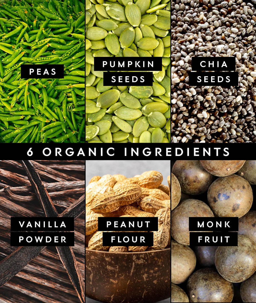 Truvani vegan pea protein powder peanut butter label-front highlights organic, clean ingredients.
