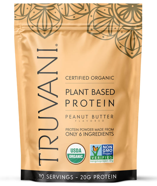 Truvani vegan pea protein powder in peanut butter flavor for smoothies