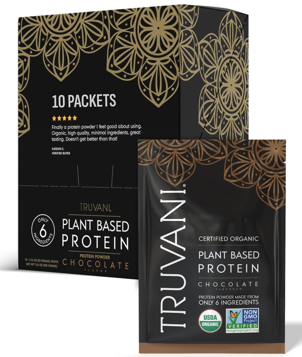 Truvani vegan pea protein powder chocolate scoop for a protein packed smoothie.