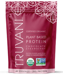 Truvani vegan pea protein powder tub front label highlights organic ingredients and clean nutrition.