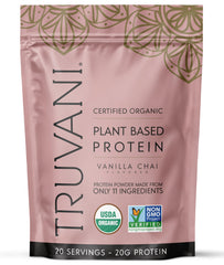 Truvani Vanilla Chai bottle shows organic vegan pea protein for a clean protein boost