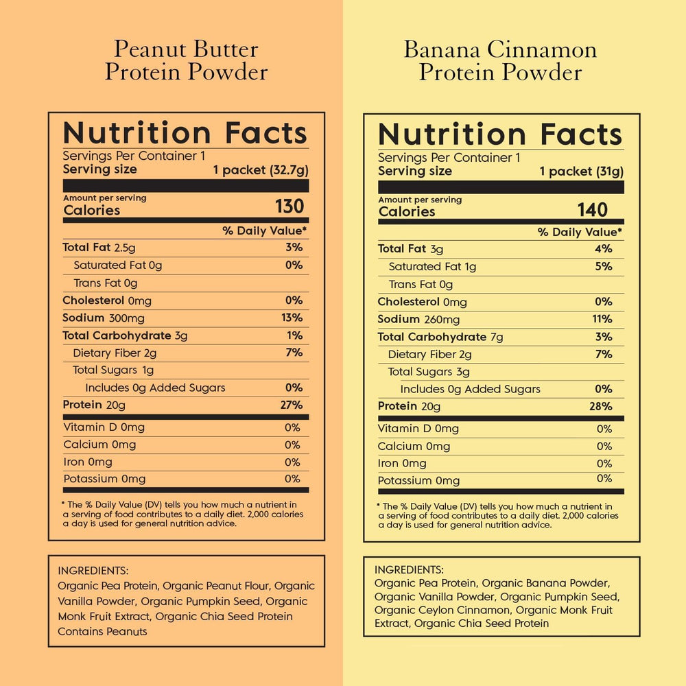 Truvani vegan pea protein sample pack ingredients closeup highlights organic peas and seeds
