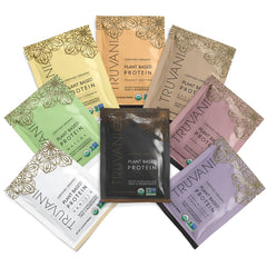 Truvani vegan pea protein sample pack packaging front highlights clean plant-based protein