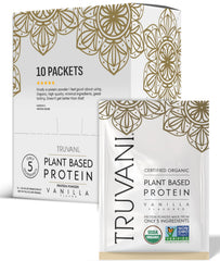Truvani vegan pea protein vanilla jar highlights organic ingredients for clean daily protein.