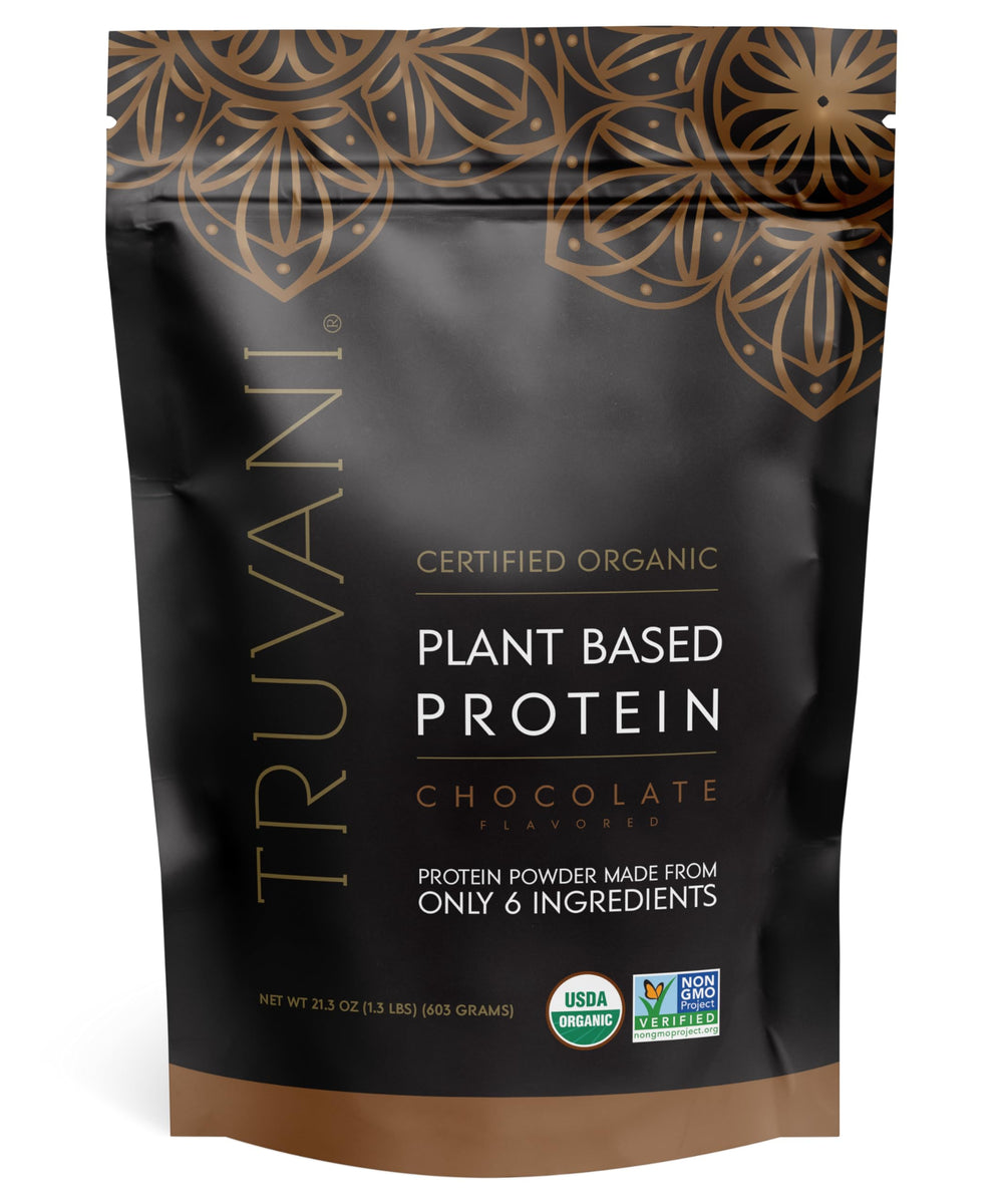 Truvani vegan protein powder chocolate canister for smooth shakes and clean plant-based nutrition