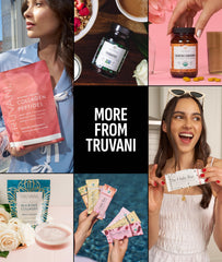 Truvani chocolate protein powder shake foam shot suggests rich flavor