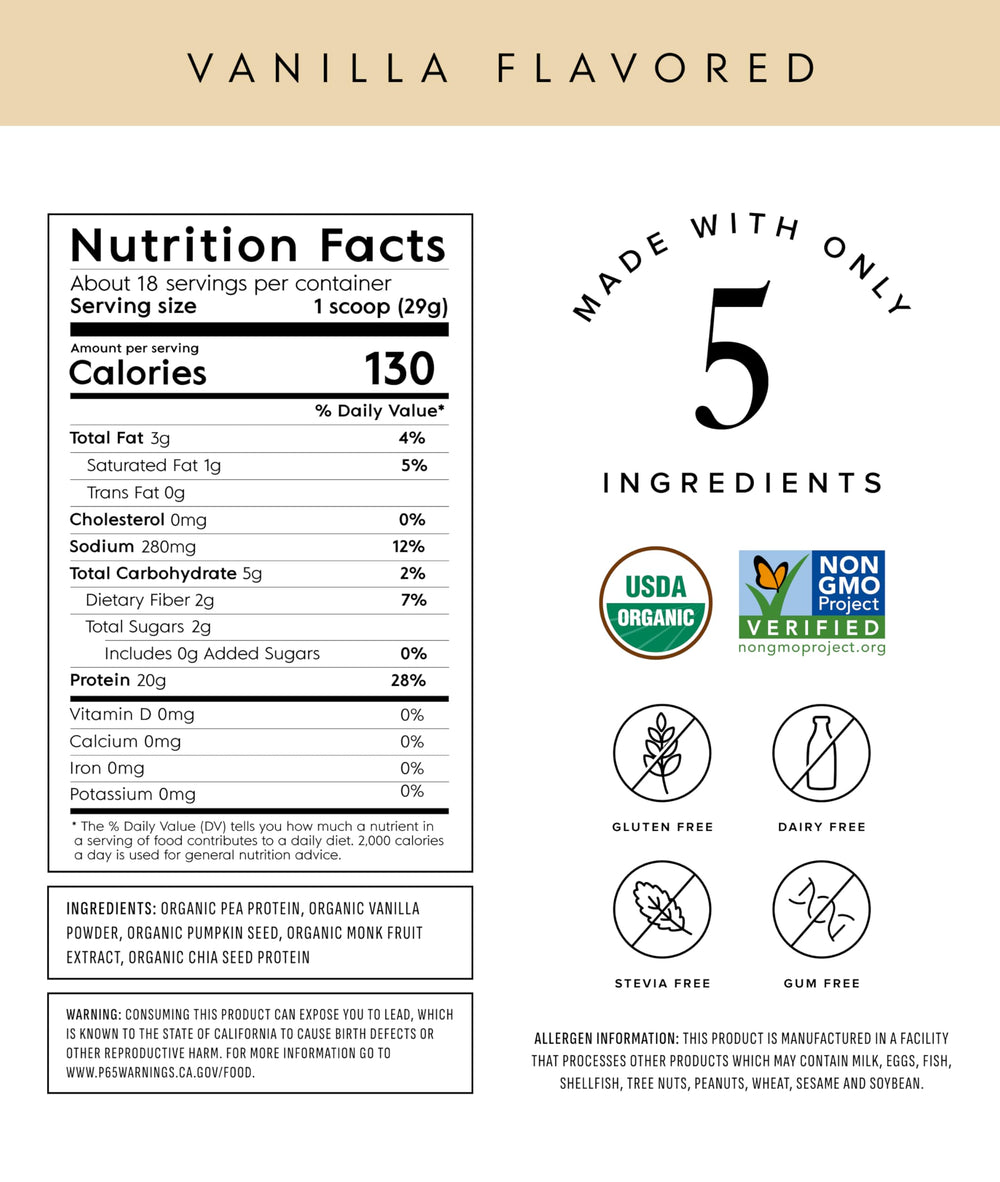 Truvani vegan vanilla protein powder pack emphasizing organic, non-GMO promise for healthy meals.