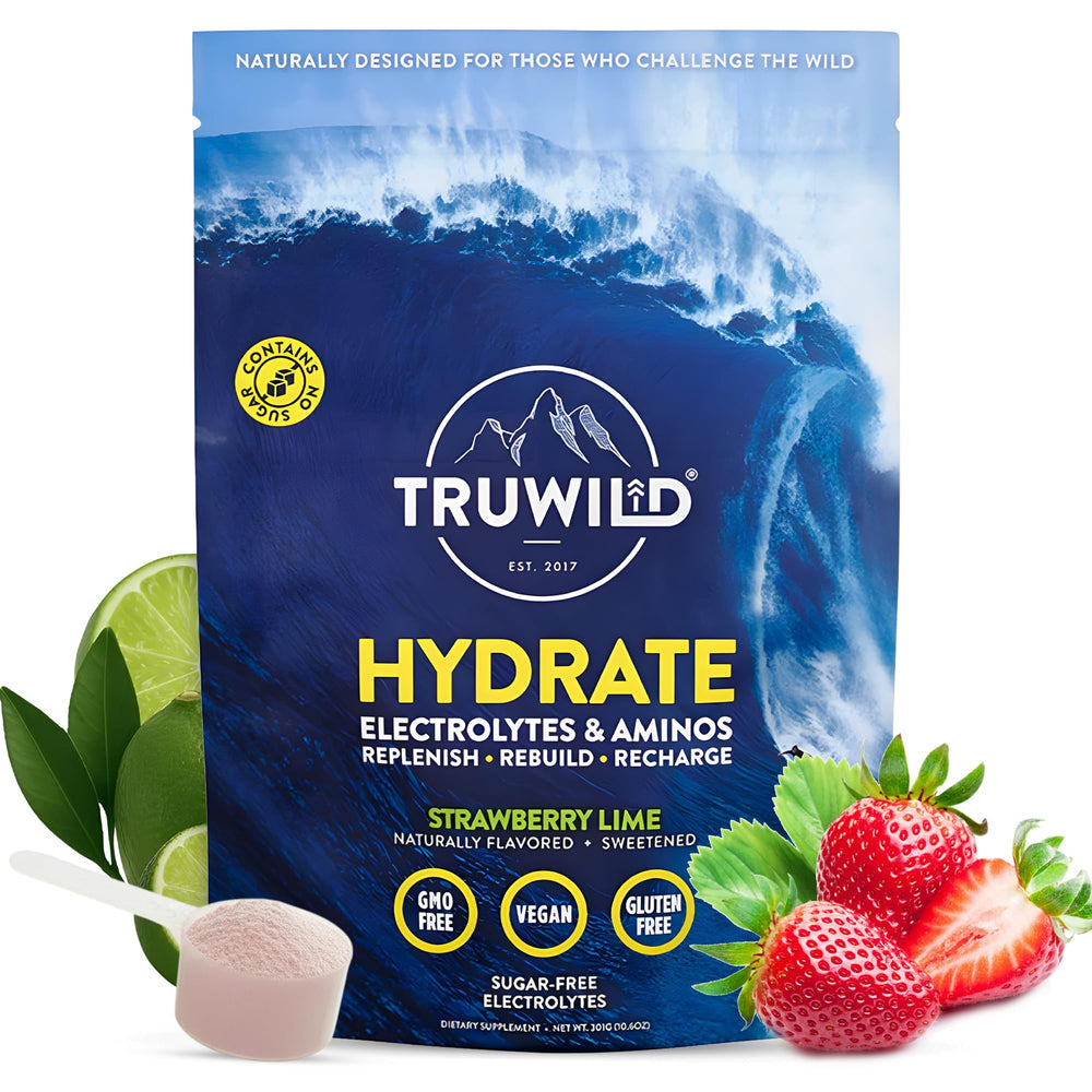TruWild Hydrate bottle front showing flavor label and clean design for hydration.