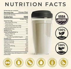 TUPAXA hemp protein in a bowl with a smoothie, neutral flavor blends easily