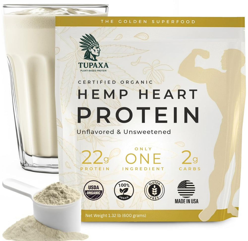 TUPAXA hemp protein unflavored bottle front, ideal for versatile shakes