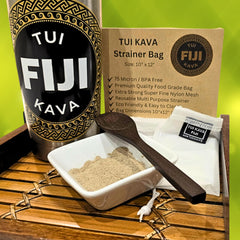 TUI KAVA medium grind powder close-up shows rich earthy aroma and texture.