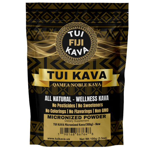 TUI KAVA micronized noble powder 100g pack for quick prep and mood support.
