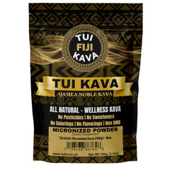 TUI KAVA micronized noble powder 100g pack for quick prep and mood support.