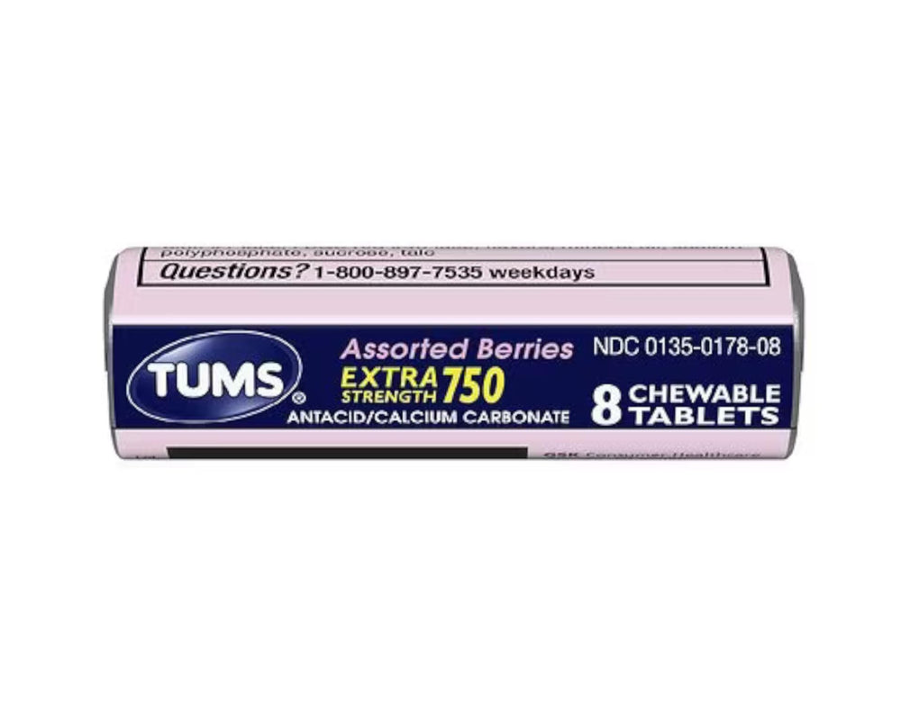 Tums Extra Strength 750 berry chewables in pocket roll for on-the-go relief.