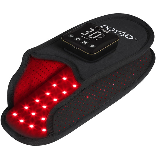 TUOB red light foot therapy device on the foot for targeted relief