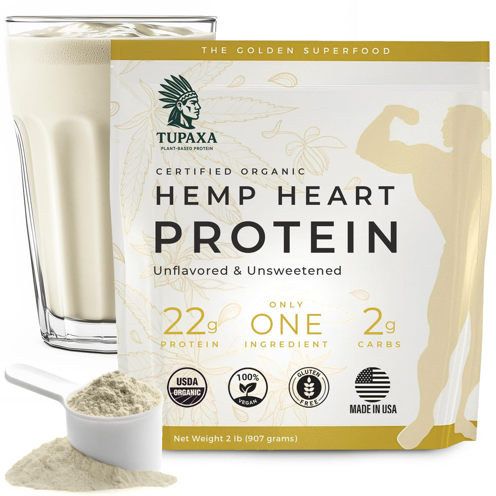 The TUPAXA hemp protein powder packaging shown for a convenient clean protein source.
