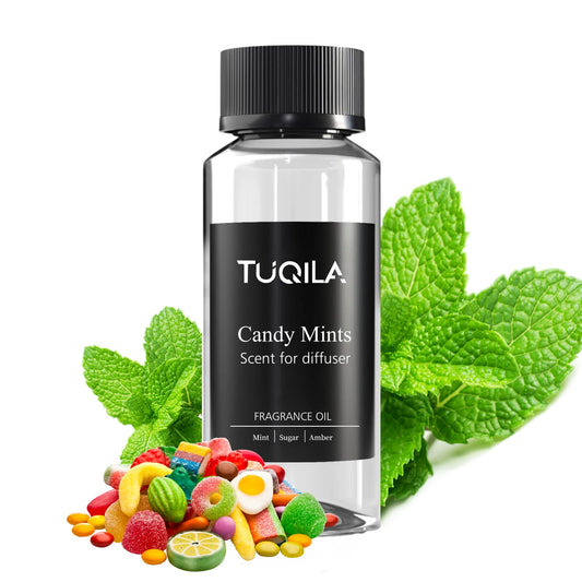 Tuqila Candy Mints diffuser oil bottle delivering crisp, refreshing aroma for home spaces.