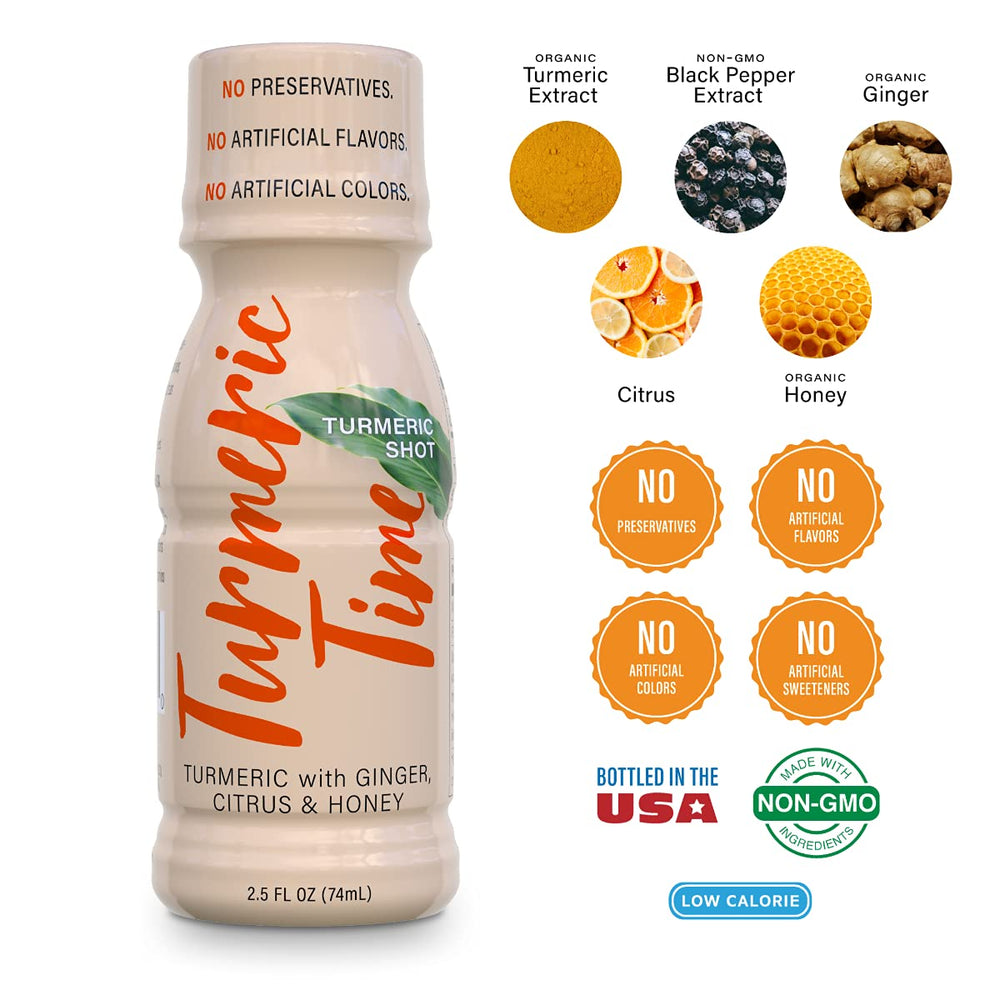 Turmeric Time bottle showcasing organic ginger juice for bright flavor.